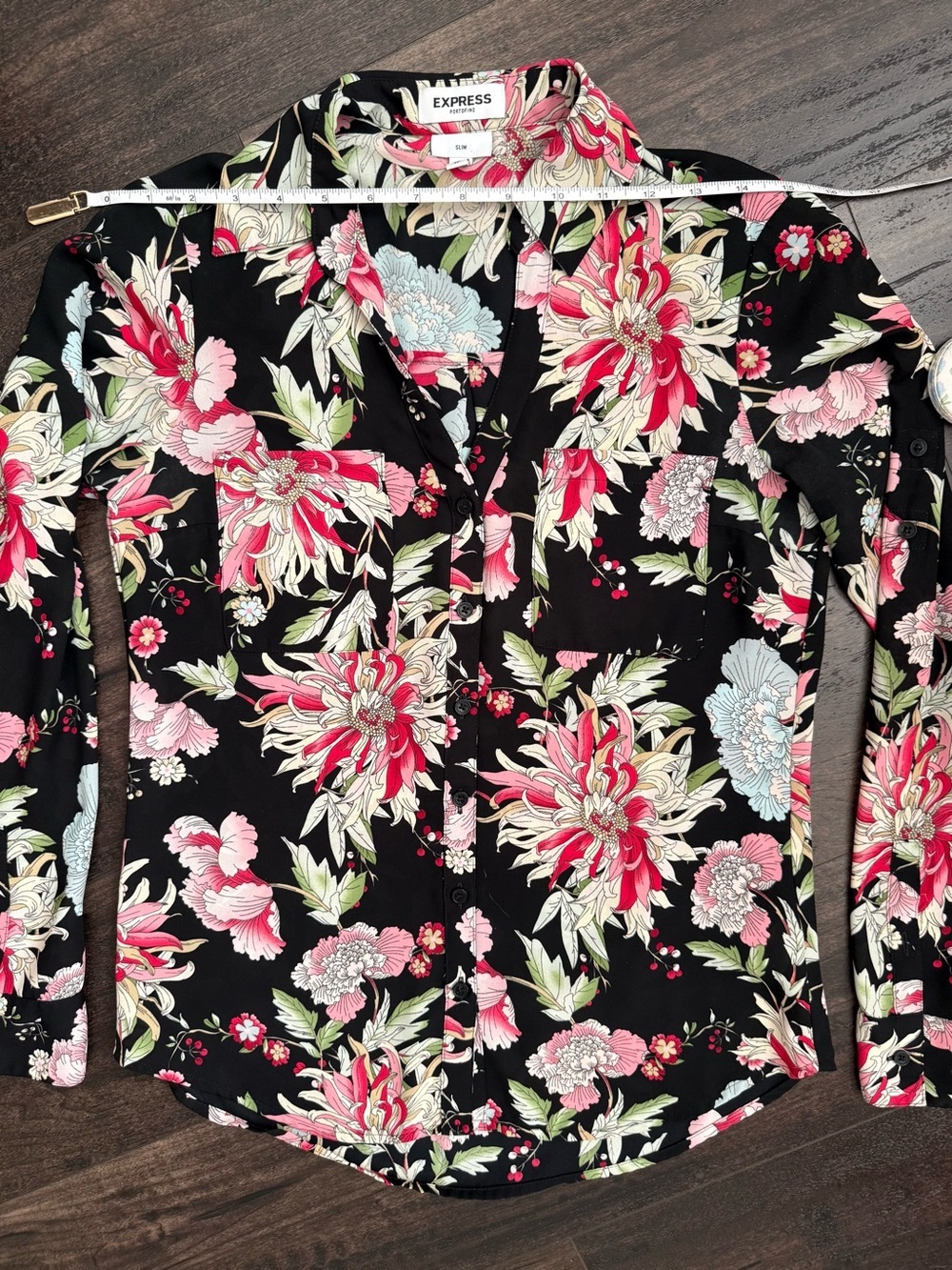 Express Portofino Slim Floral Button Front Blouse XS Black Career Office Top - Picture 5 of 8